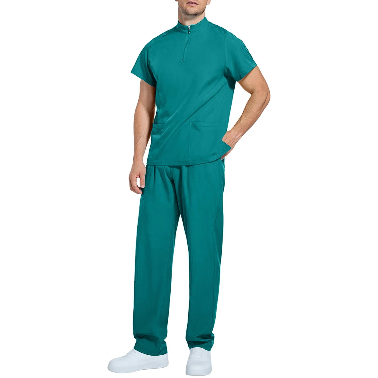 

Pure Cotton Short-Sleeved Nurse Uniform Suit With Multiple Pockets Zipper Closure Medical Work Clothes Set Clinic Two-Piece Suit