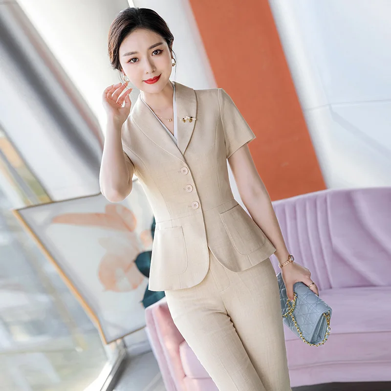 High-End Short-Sleeved Professional2024Elegant Summer High-End Goddess Wine Style Women's Beauty Salon Jacket Suit Jewelry