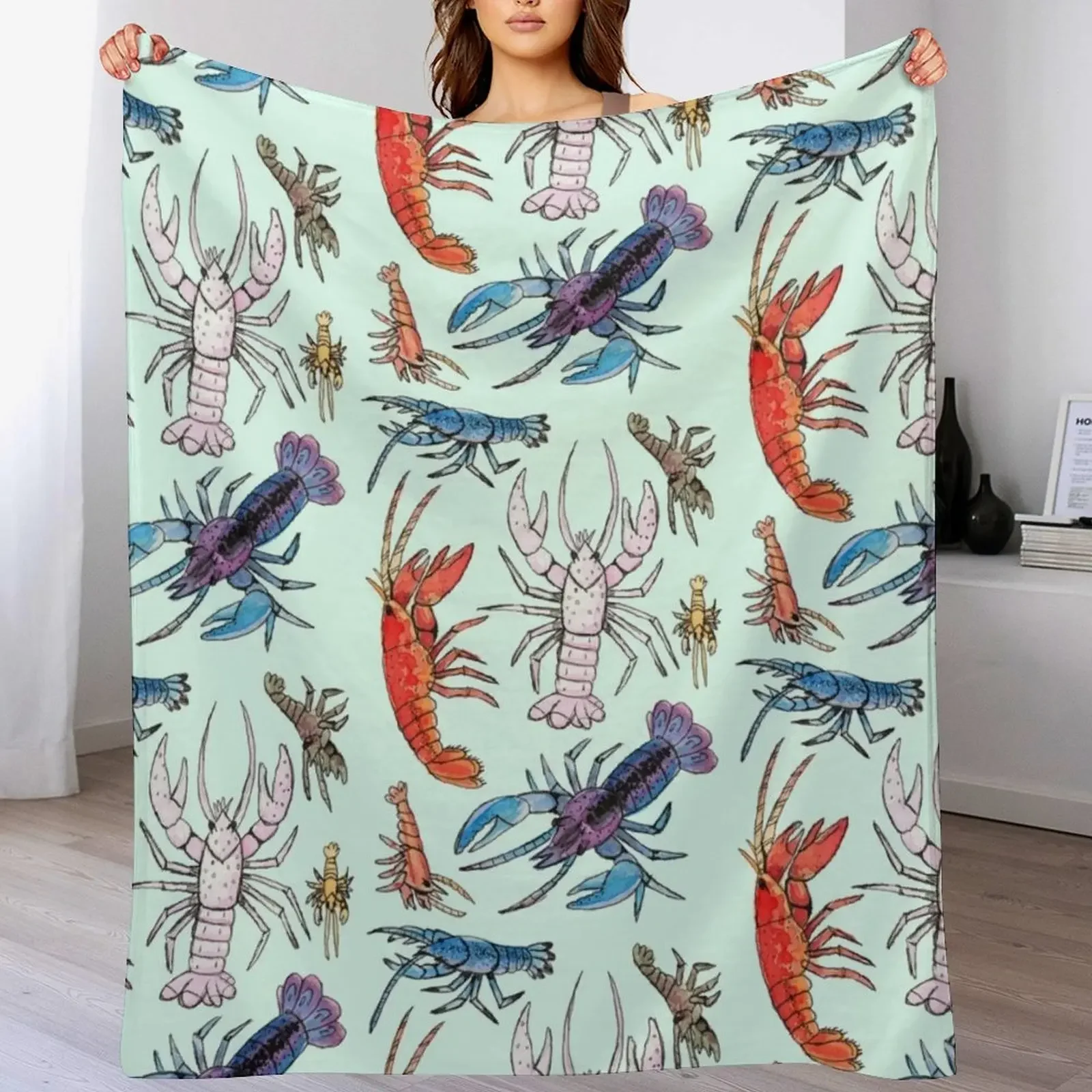Colorful Aquatic Crayfish Species in Watercolor Throw Blanket Warm Throw Blanket Gift for Anniversary