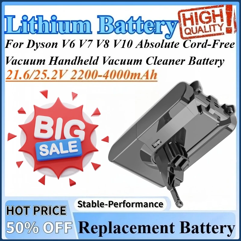 

21.6/25.2V 2200-4000mAh Replacement Battery Vacuum Cleaner Battery For Dyson V10 V6 V8 V7 Absolute Cord-Free Vacuum Handheld