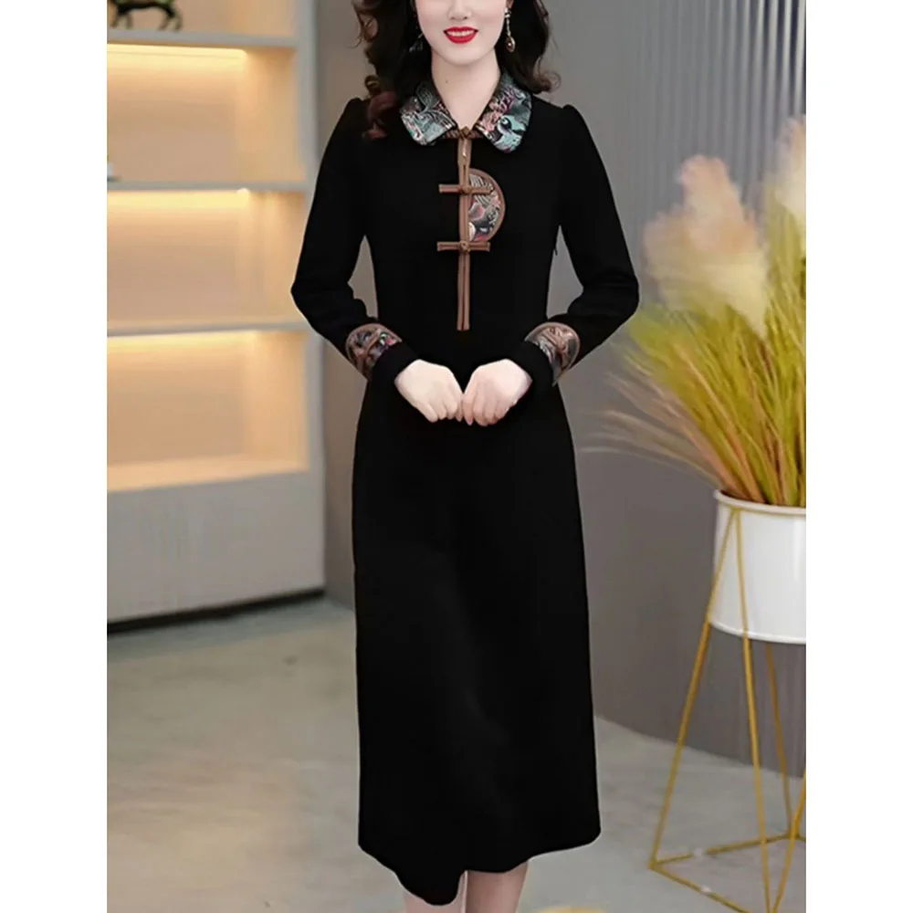 新しい中国のレトロな女性のドレス春秋の新しい高貴なゴールドベルベットプリントドレスビッグサイズ改良されたチャイナドレス黒 5XL