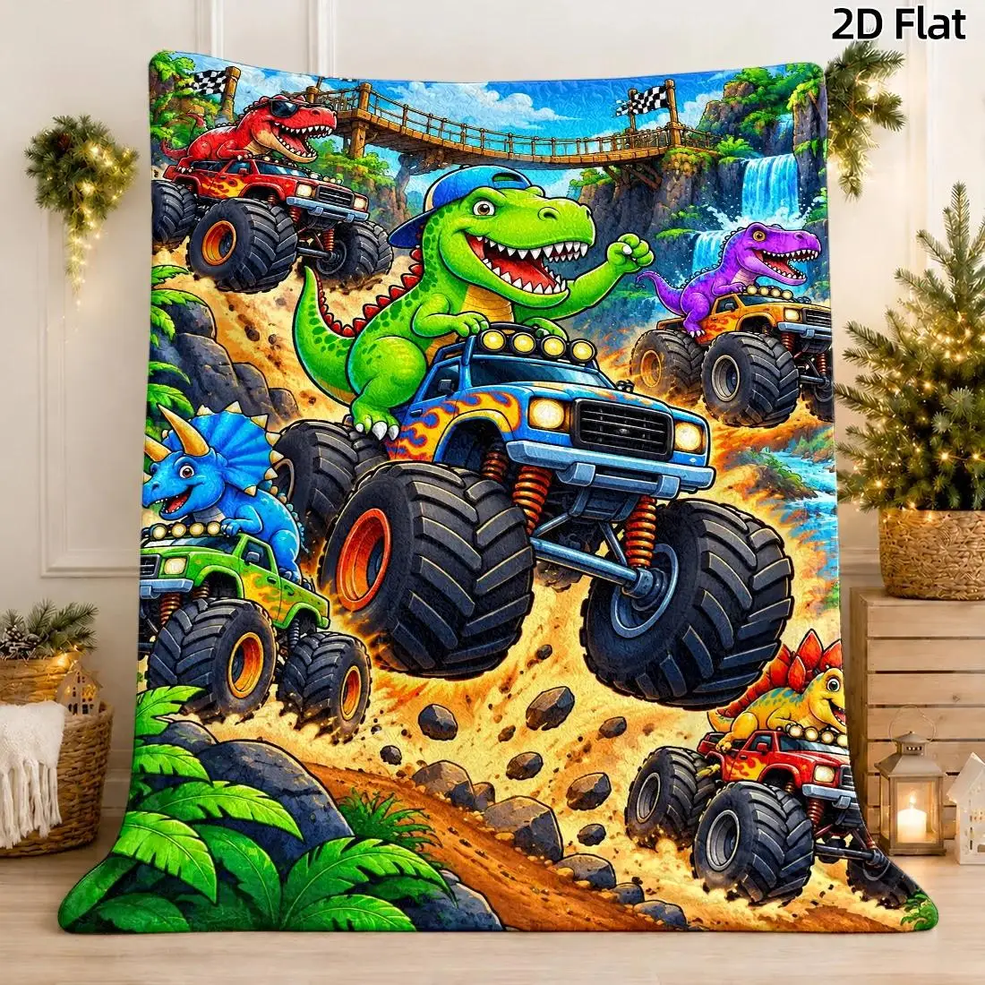 2D Flat Surface, 280G/Square Meter, Flannel Blanket with Racing Dinosaur Monster Truck Pattern, Flannel Fleece Blanket, Includes Vibrant Cartoon Dinosaur Illustration Throw Blanket