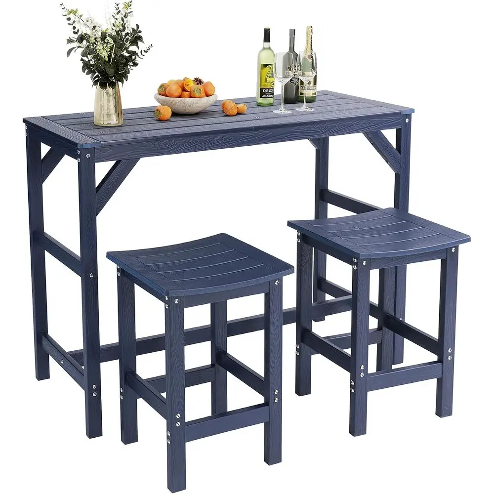 All-Weather Outdoor Patio Bar Set, 55 High Top Table with 2 Stools, Ideal for Poolside, Balcony, Deck (Blue, 3-Piece)