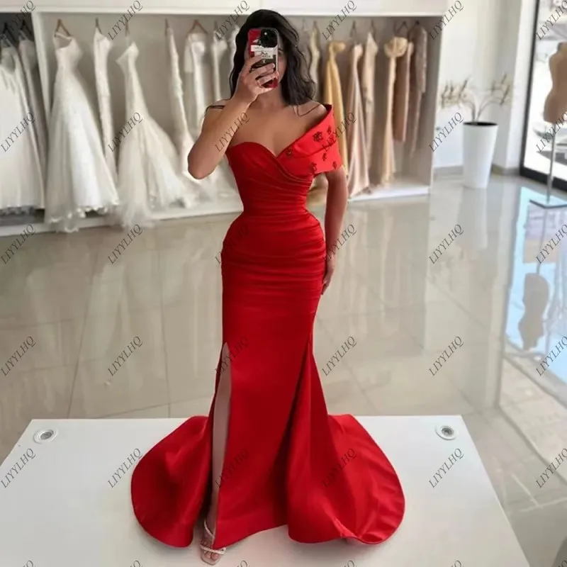 LIYYLHQ Sexy Mermaid Formal Prom Dresses High Side Split One Shoulder Pleat Satin Beaded Special occasion Dress Prom Party Gowns