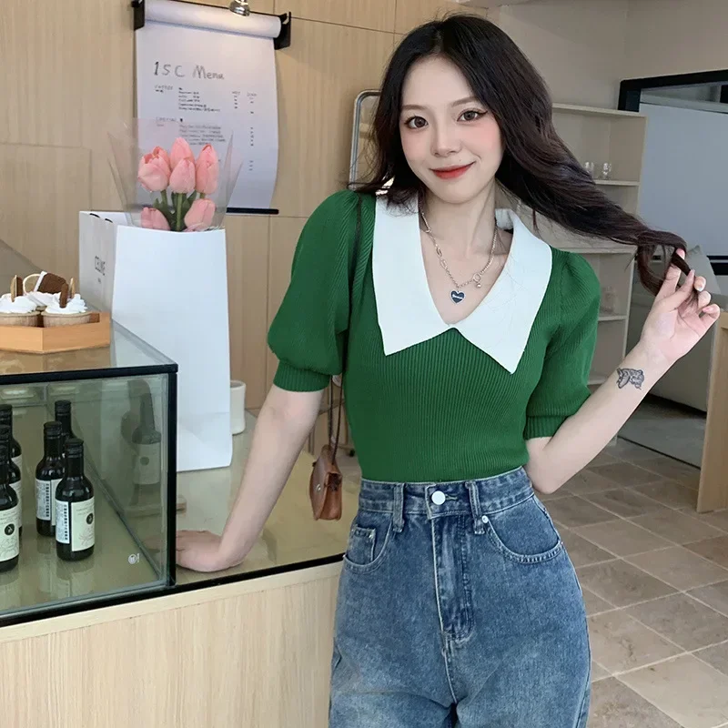 Vintage French Style Puff Sleeve Knit T-shirt Women\'s Niche Design Sensibility Cropped Top Summer Trendy Ice Silk Camisole