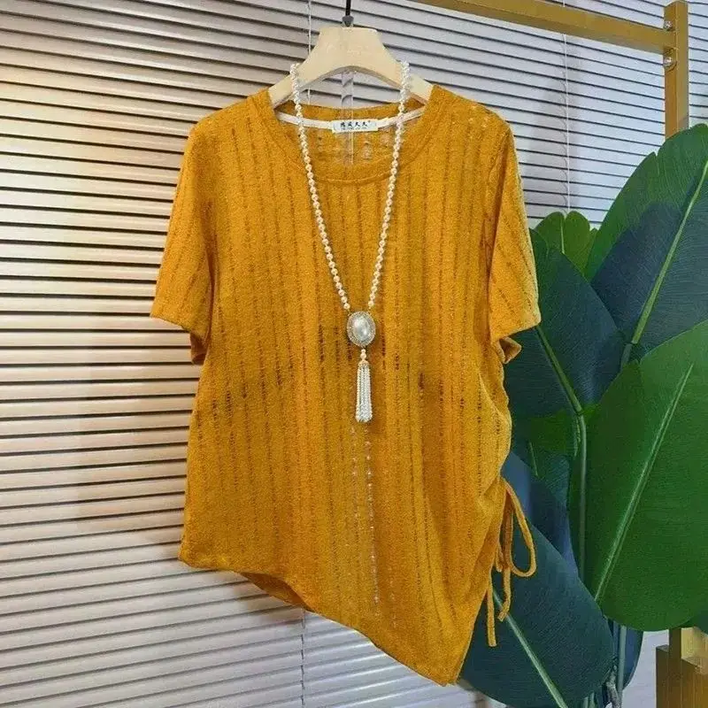Mustard Yellow Loose Knit T-Shirt with Vertical Texture Short Sleeve O Neck Casual Top for Summer Beach Wear