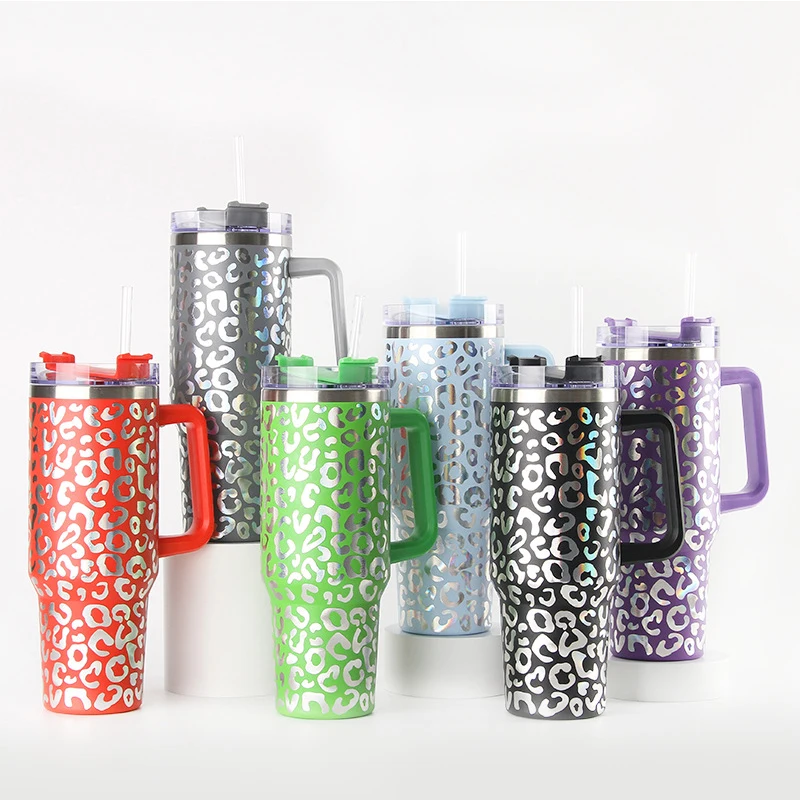 40oz Laser leopard print Thermos Vacuum Cup with Handle Stainless Steel Travel In-Car Thermos Bottle Coffee Insulated Flasks