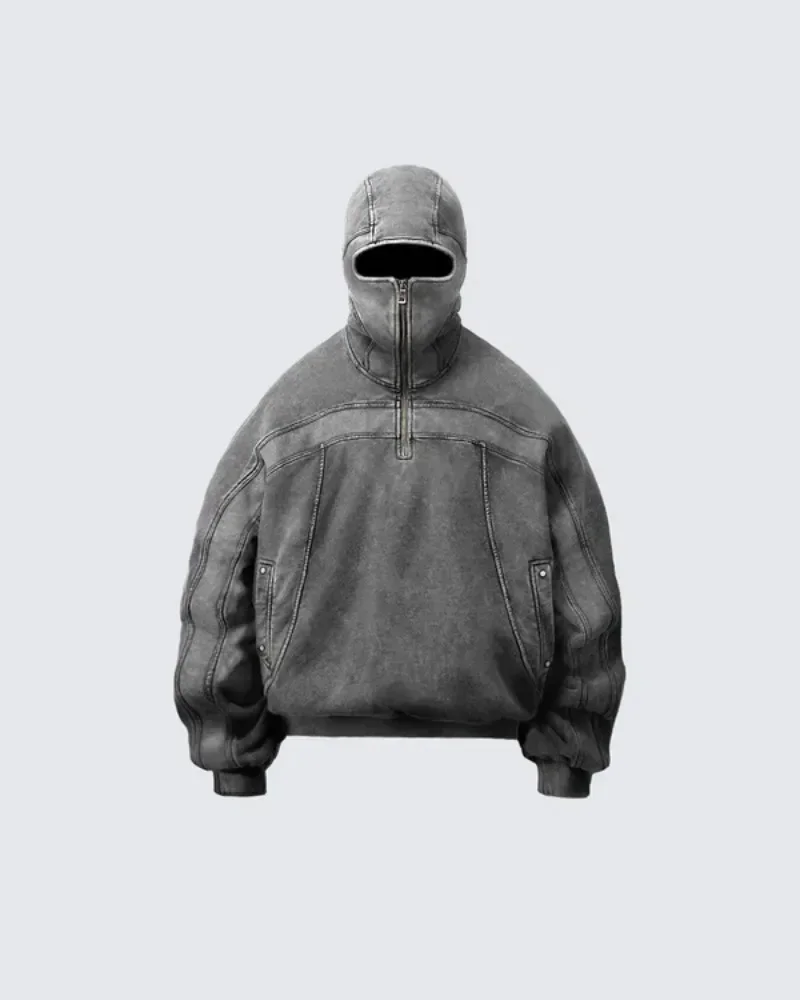

Classic Balaclava Hoodie Men Washed Gray Ninja Pullover Sweatshirt Hip Hop Splicing Y2k Vintage Winter Streetwear Couple Tops