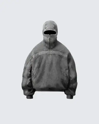 Classic Balaclava Hoodie Men Washed Gray Ninja Pullover Sweatshirt Hip Hop Splicing Y2k Vintage Winter Streetwear Couple Tops