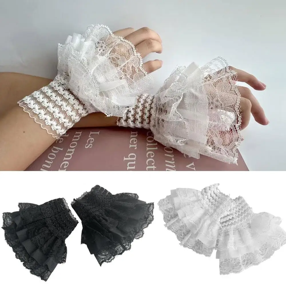 

Элегантные кружевные искусственные рукава Лолита, вязаные крючком цветочные кружевные манжеты с рогами, 3-слойные плиссированные наручные костюмы, аксессуары для косплея