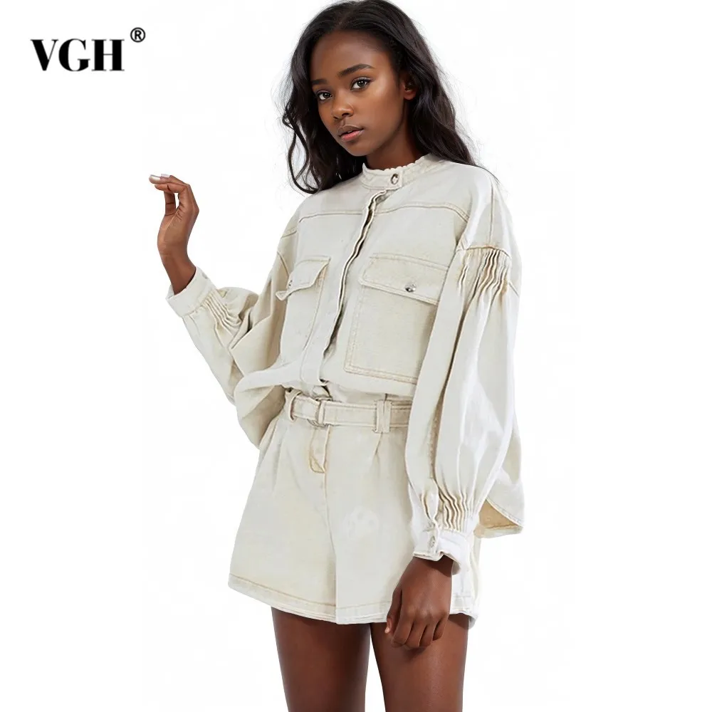 VGH Loose Two Piece Set Women Stand Collar Lantern Sleeve Spliced Pockets Jackets High Waist Wide Leg Shorts Casual Sets Female