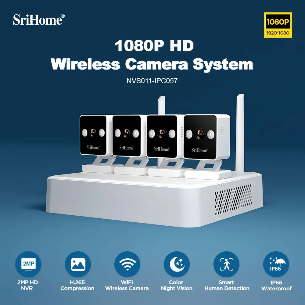 

Srihome 2MP FHD Wireless CCTV System 1080P WiFi Camera Kit Two Way Audio NVR Kit CCTV Outdoor IP Cam Wifi Security Camera System