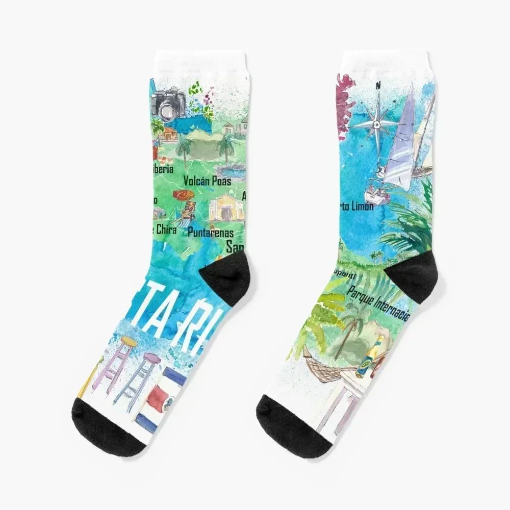 

Costa Rica Illustrated Travel Map with Roads and Highlights Socks Children's hip hop man colored Socks Women Men's