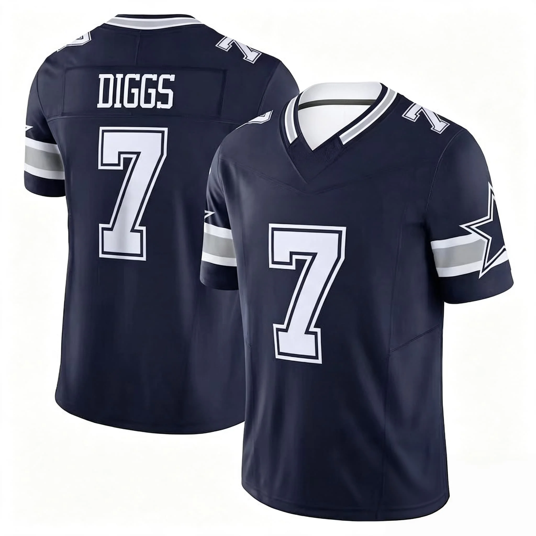 Men #7 Diggs Navy Star Pattern Football Jersey  Number Striped Cuff V Neck Short Sleeve Fan Sports  Family Matching Colthing