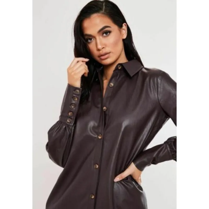 Camisa de couro de cordeiro genuína feminina, camisa preta, roupa elegante formal casual, feita à mão