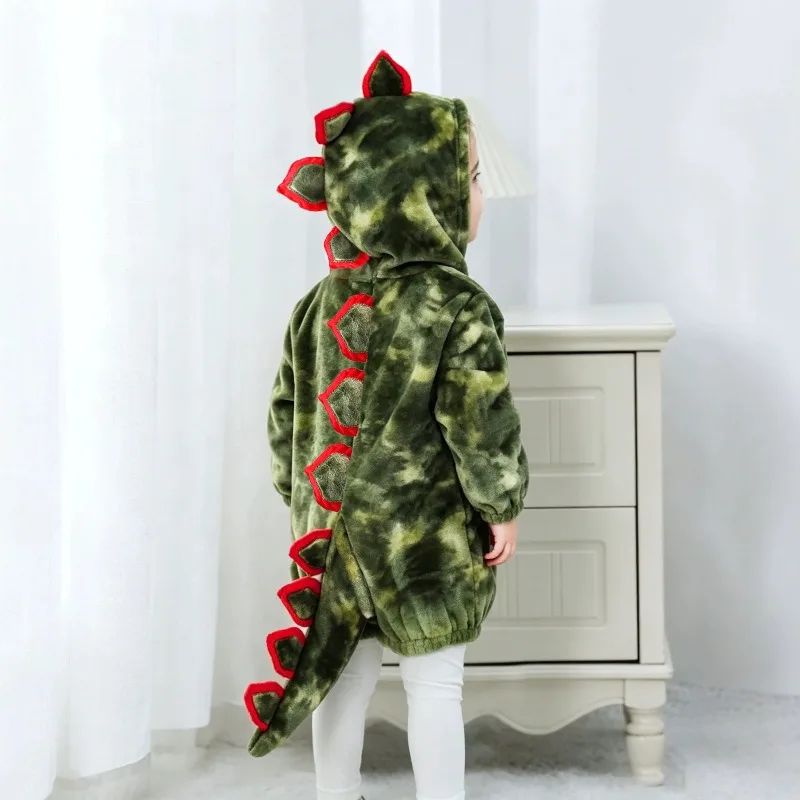 Newborn Baby Clothes Cute Green Camo Dinosaur Baby Romper Hooded Fleece Jumpsuit Infant Toddler Cosplay Costume Long Tail Outfit
