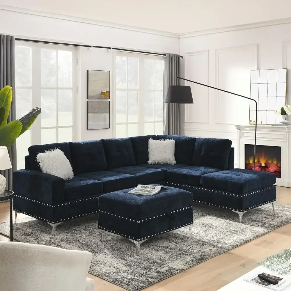 108'' Sectional Couches or Living Room, ular 5-Seater Couch Soa with Reversible Chaise & Cup Holders, L-Shaped Soa with Storage