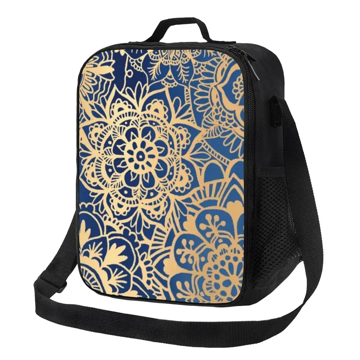 Blue Gold Mandala Insulated Lunch Bag for Women Buddhism Flower Thermal Cooler Bento Box Office Picnic Travel