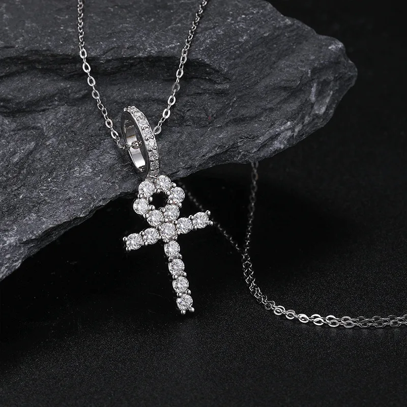 New S925 Sterling Silver 2mm Mossan stone cross pendant small Anhe key hip hop Pendant Necklace