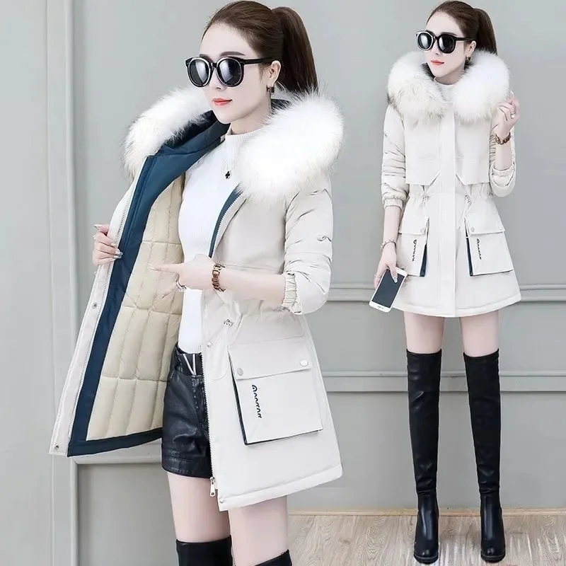 

2023 New Winter Coat Women Parka Fashion Long Coats Hoodie Parkas Fur Neckline Warm Chiffon Apron Student Jacket Outerwear