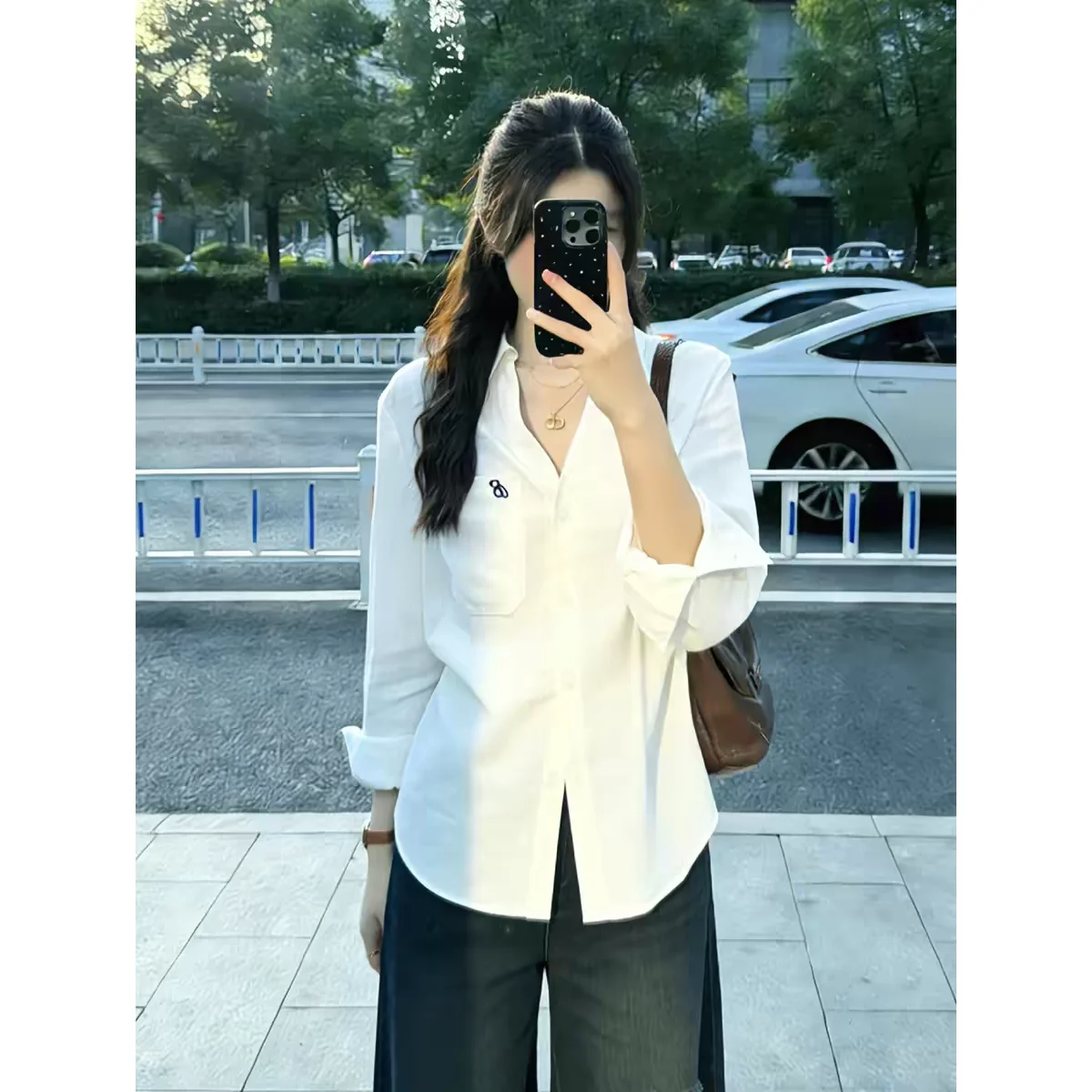 

Женская свободная повседневная рубашка в корейском стиле с длинным рукавом и вышивкой, весенняя модная блузка для работы, маленький размер