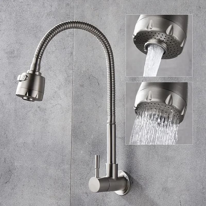 

Кухонные смесители из нержавеющей стали, вращающийся смеситель для раковины, одиночный кран для холодной воды, настенный 2-режимный распылительный кран, кухонные аксессуары