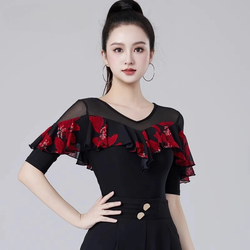 

Latin Dancer Adult New Printed Ruffles Top National Ballroom Dance Practice Modern Dance Top