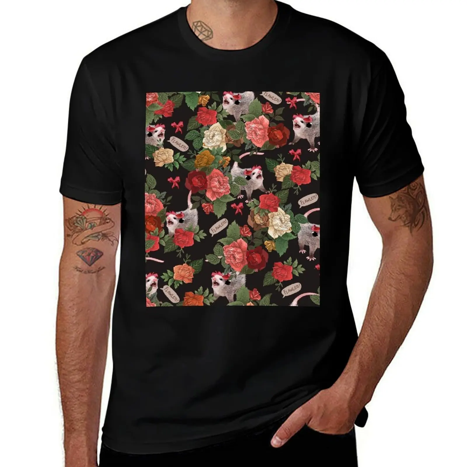 Opossum Floral Pattern (with text) T-Shirt All Weather Casual Short Sleeve