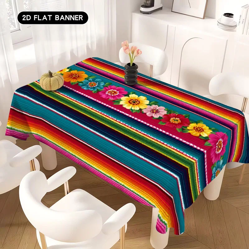 Mexican Themed Colorful Stripe Tablecloth for Table Decor Ethnic Floral Day of The Dead Carnival Table Cloth Holiday Party Decor