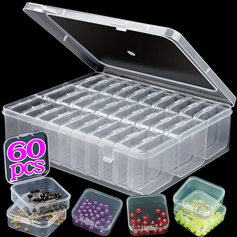 

6/60Pcs Mini Small Storage Box Beads Jewelry Organizer Plastic Transparent Square Container Earrings Rings Jewelry Storage Box