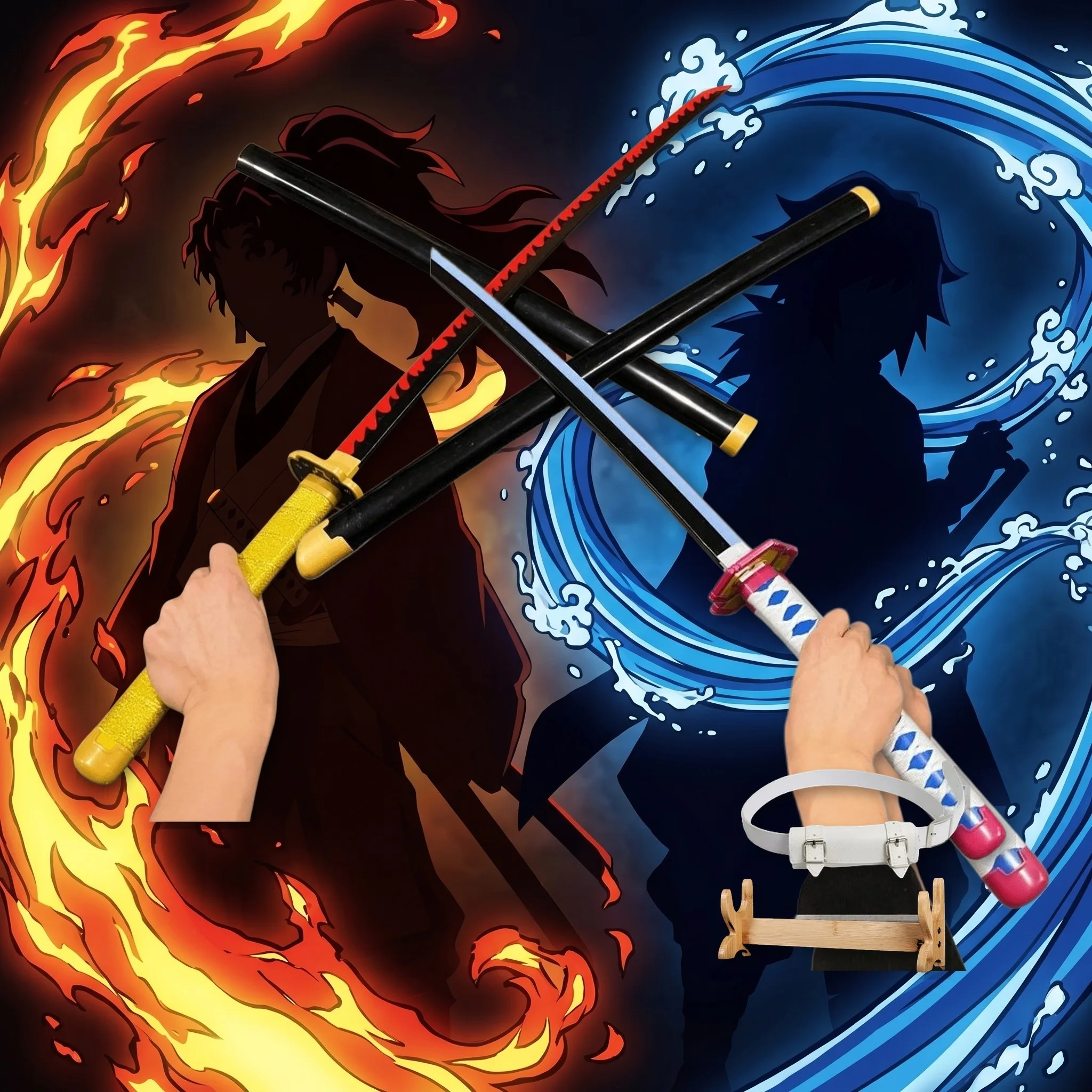 Espada Katana Yoriichi de Demon Slayer de 39-40 Pulgadas, Set de Espada y Cuchillo Ninja con Soporte y Cinturón, Espada de Plástico para Cosplay, Exhibición y Fotografía