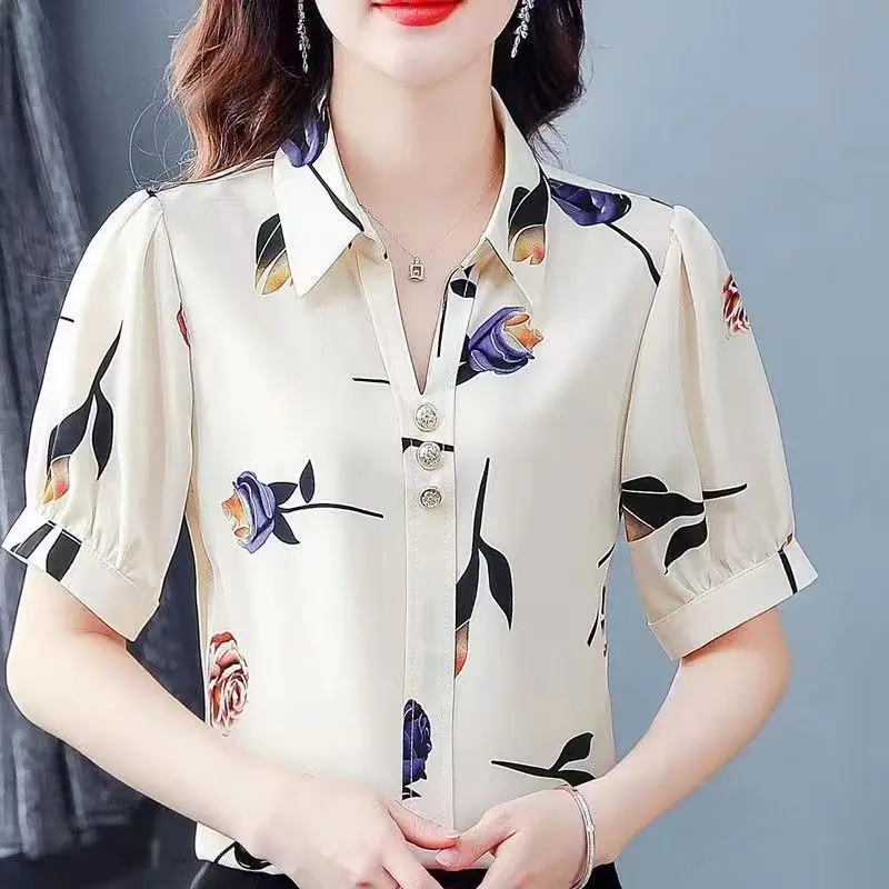 New Female Clothing Summer Short Sleeve Loose Turn-down Collar Tee Shirt Casual Blouse Button Floral Fashion Women Crop Tops