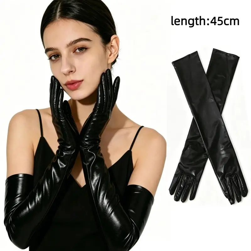 Sexy Patent Leather Women Tight Long Gloves Punk Rock HipHop Jazz Disco Pole Dance Metallic Mittens Halloween Cosplay