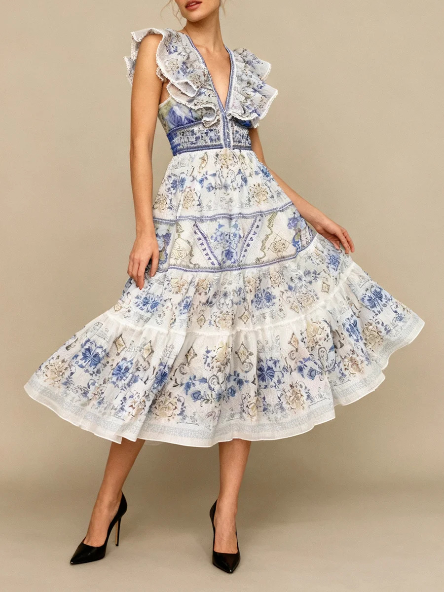 VGH Franse retro print midi-jurken voor dames diepe v-hals vliegende mouw hoge taille patchwork plooien rand galajurk vrouwelijk nieuw