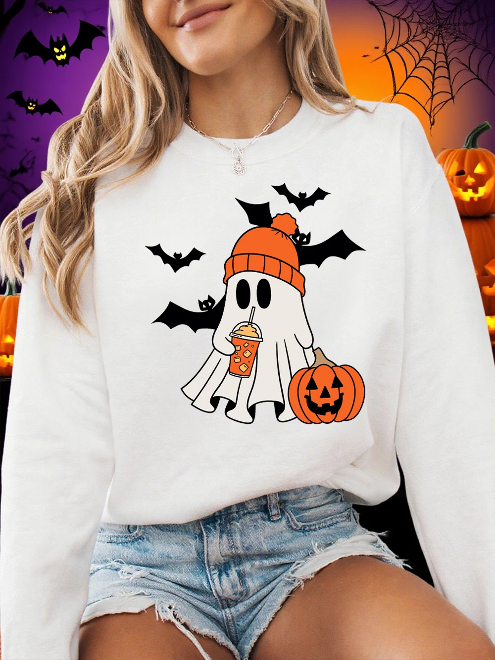 هالوين شبح الخفافيش اليقطين يطبع البلوز المرأة الشتاء الصوف الدافئة هوديي Crewneck فضفاض البلوز ملابس مريحة غير رسمية