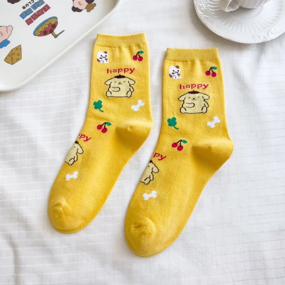 Pom Pom Purin Socks Mid Length Ins Breathable Minimal Design Leisure Sports Socks Girls Gifts Kawaii For Christmas