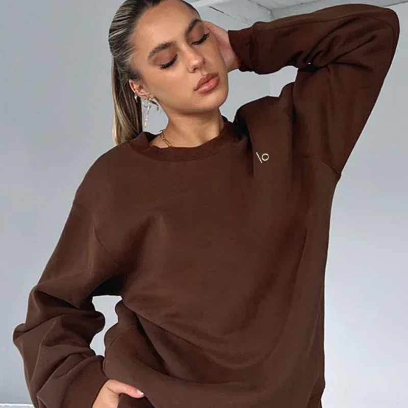 LO Round Neck Yoga Top Plush Solid Color Pullover Long Sleeved Top Outdoor Casual Round Neck T-shirt (Shirt Only)