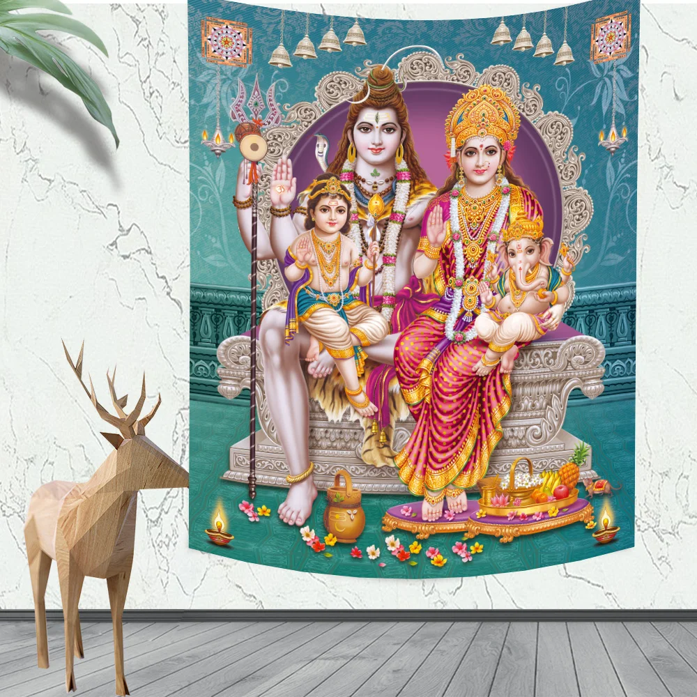 Bohemia 3D Indian God Tapestry Thailand Shiva Ganesha Parvati Buddhism Meditation Mat Carpet Hippe Mandala TapestryHanging Cloth