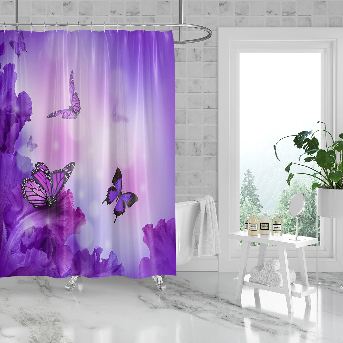 1 piece of 180x180cm purple dreamy butterfly flower print shower curtain partition, bathroom waterproof and mold resistant