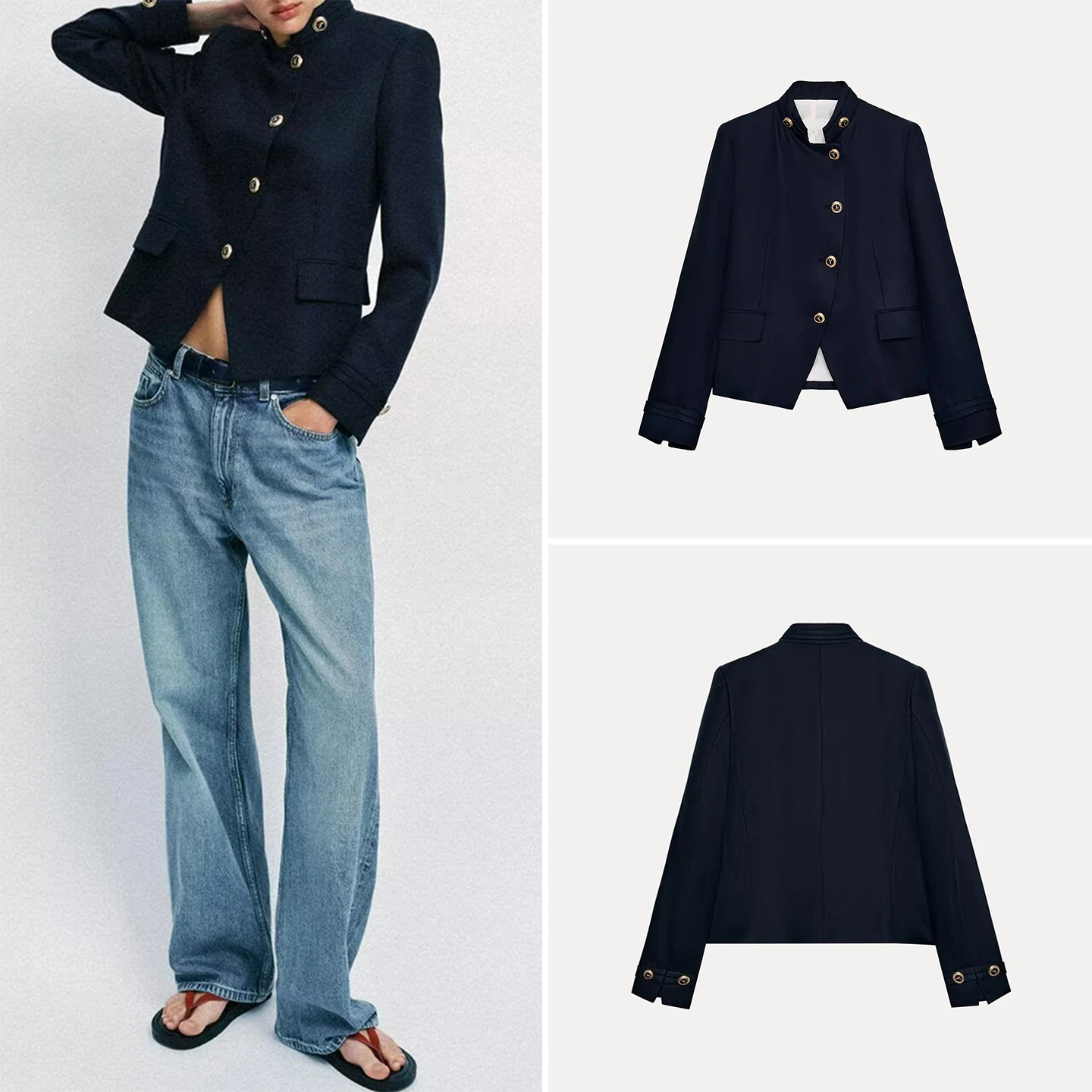 

Women's Slim Fit Long Sleeve Stand Collar Jacket Gold Button Elegant Style Spring 2026 Fashion Outerwear Short Coat