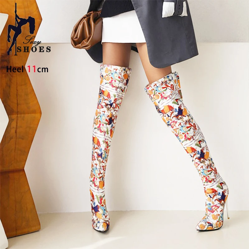 

2024 Sexy Thigh Boots Women Fashion Print Pointed Toe High Heels 11CM Stilettos Ladies Over-the-Knee Long Boots Winter Shoes 43