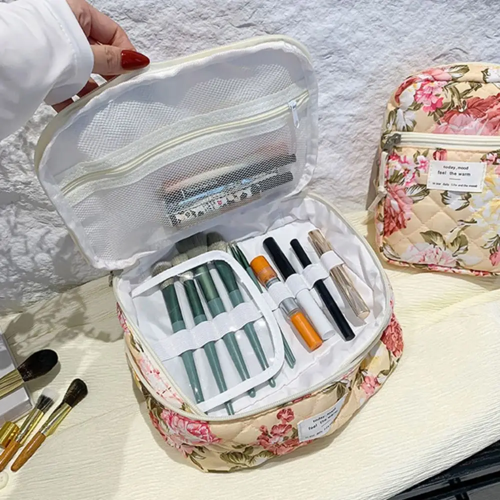 Trousse de toilette portable à imprimé floral, sac cosmétique, rangement souple, grande capacité, trousse de maquillage en coton