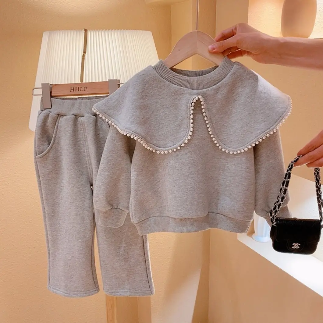 

Girls Baby Clothes Set Autumn/Winter Children's Plush Thickened Polo Collar Sweater Pants Two Piece Set