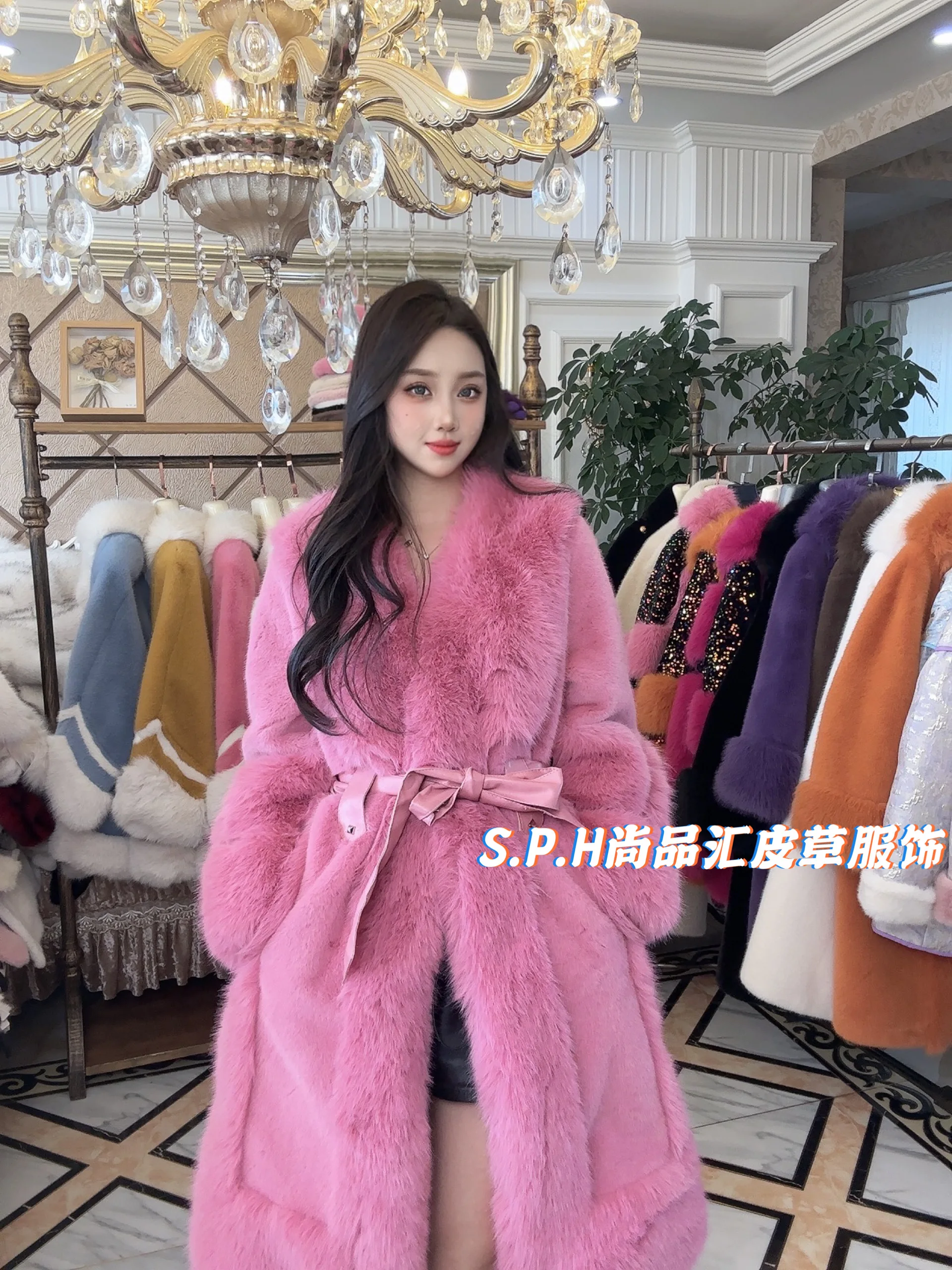 New Winter High-End Women\'s European Mink Fur Toka Fox Fur Long Coat Waist-Slimming Belt Temperament Slimming Faux Fur Jacket