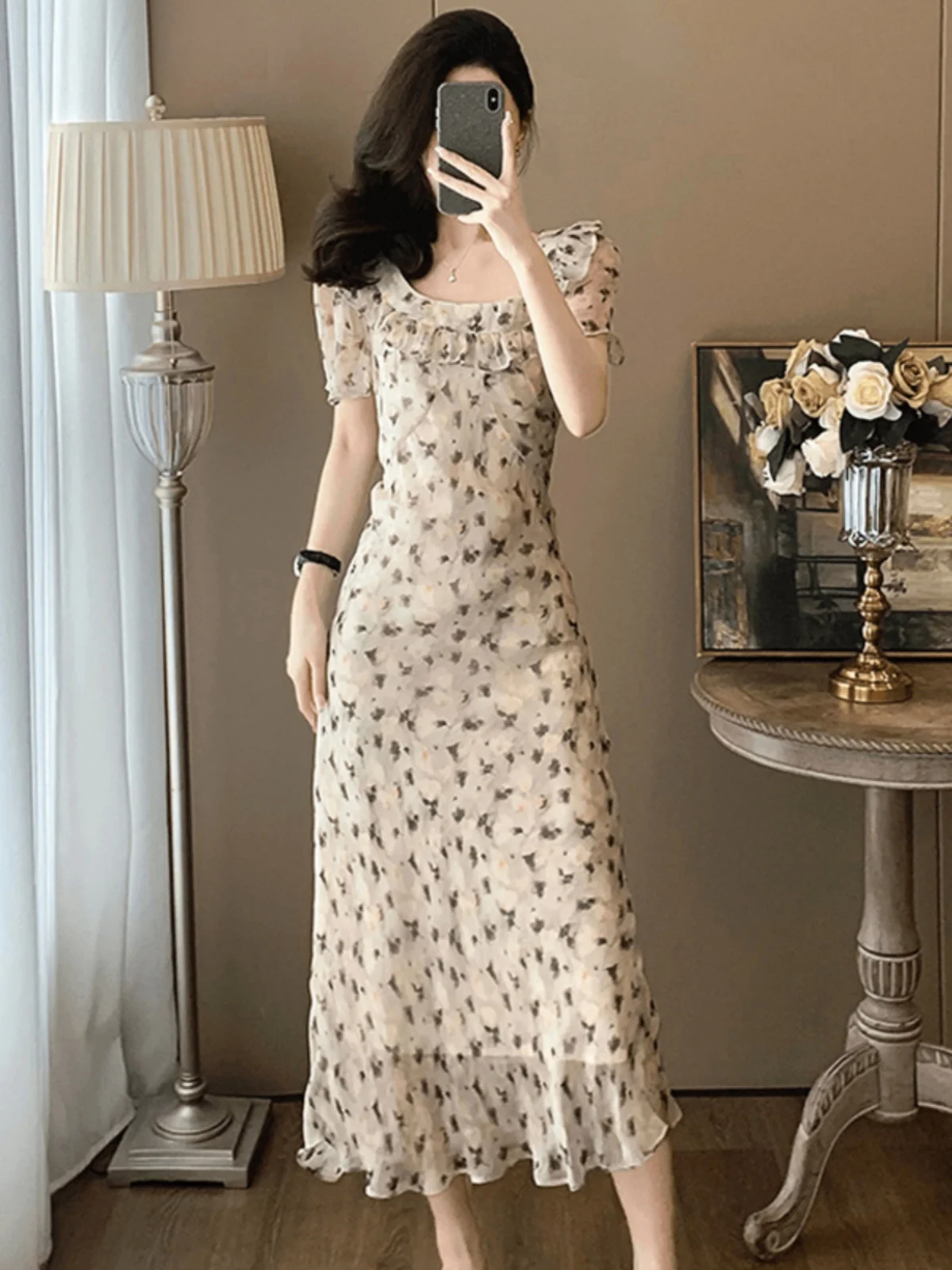 Summer Elegant Short Sleeve Dress Women's Slim Fit Waist Cinched Skirt Date Night Gown S Shape Silhouette mid Length Dress