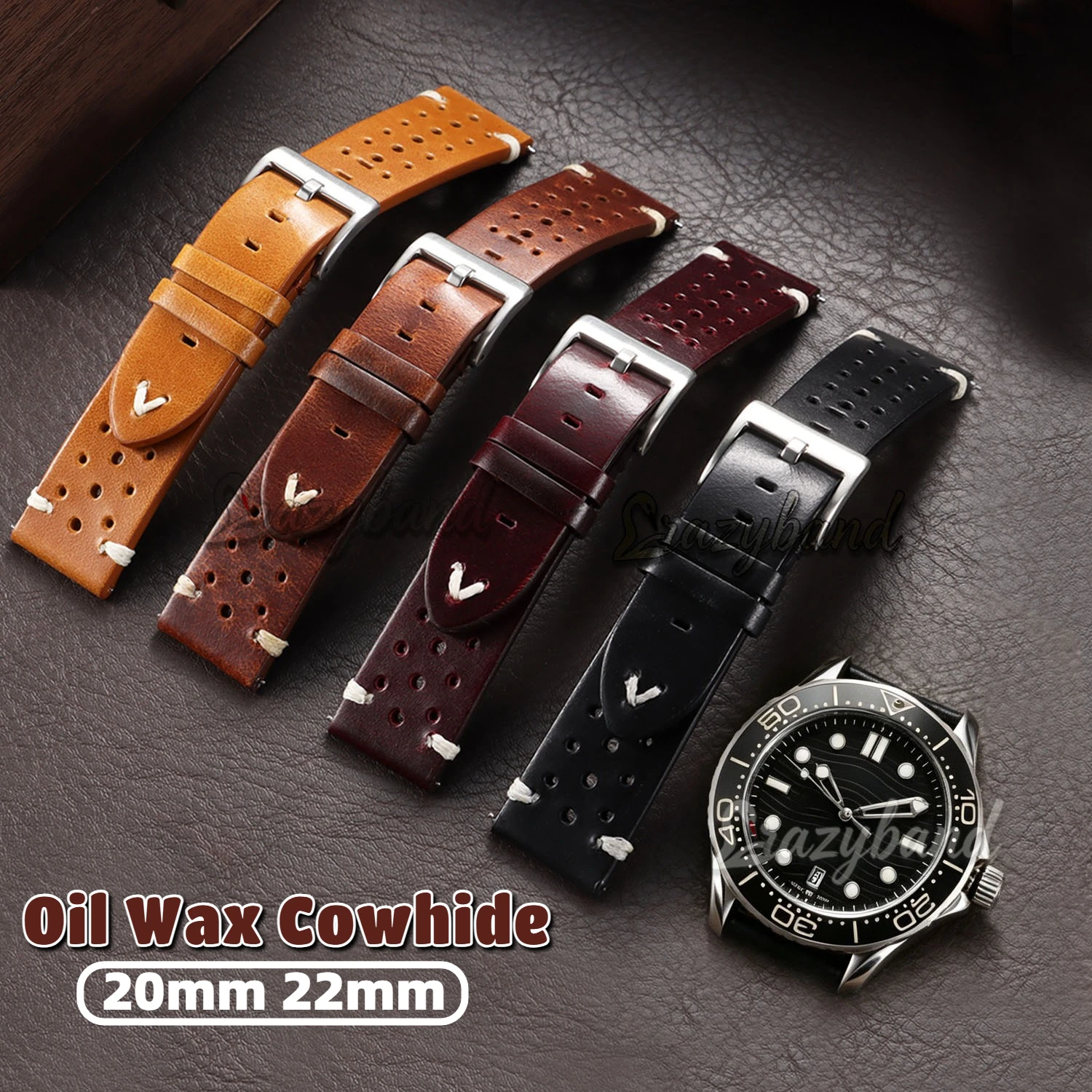 Bracelet de montre en cuir de vachette premium 20mm/22mm à dégagement rapide, en cuir huilé ciré, universel pour hommes et femmes, compatible Seiko et Omega