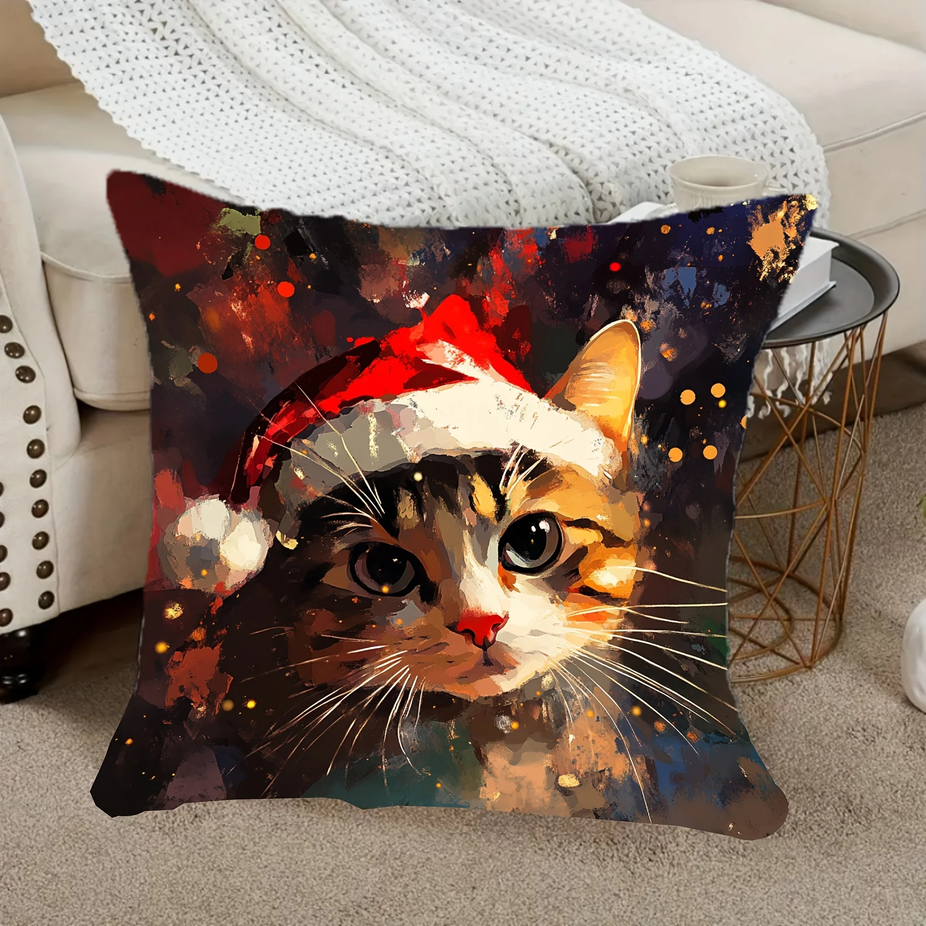 Festive Santa Cat Art Throw Pillow Cover 40x40cm Holiday Christmas Pet Cushion Square Accent Pillowcase Decor Print