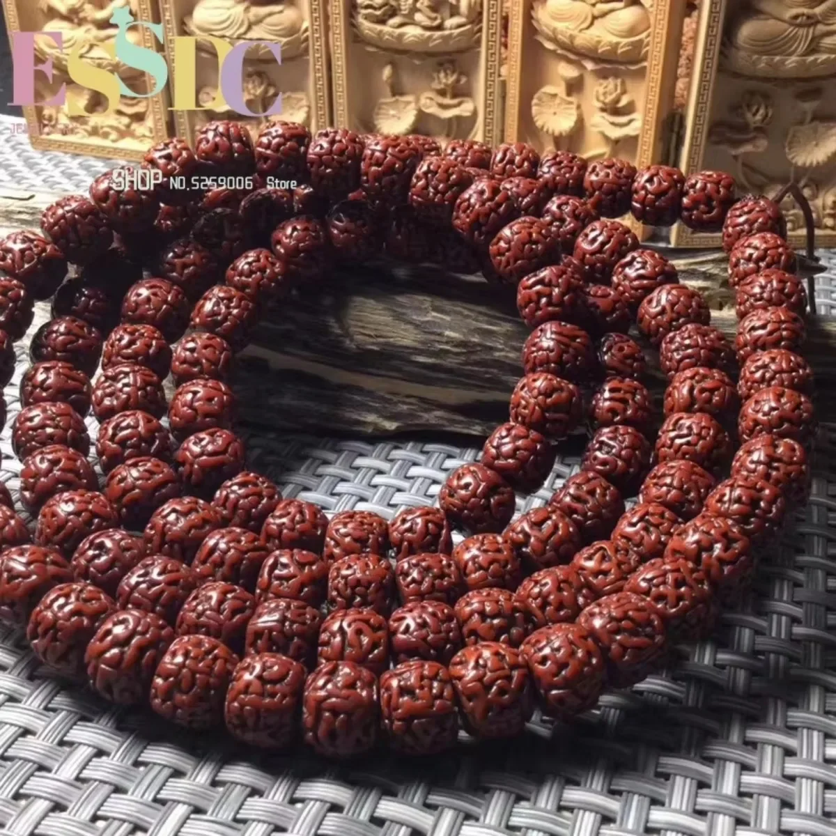 High Quality Natural Five-petal Tibetan 108 Rudraksha Beads Mala Lobular Red Sandalwood Triplet Buddhist Jewelry Yoga Bracelet view 6