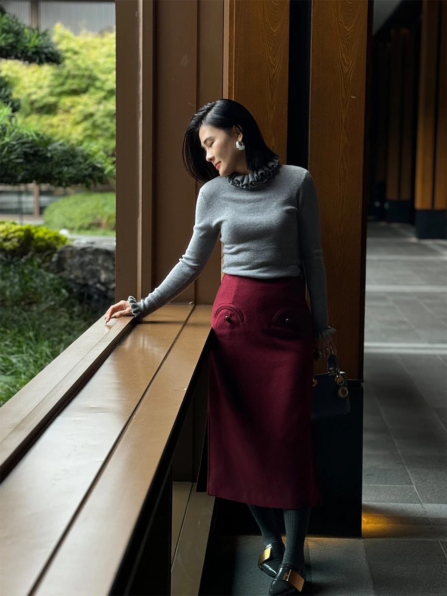 

Ele Lace Collar Knitted Base irt for Women Sli Versatile Early Autumn Long Sve Polyester Fiber Color