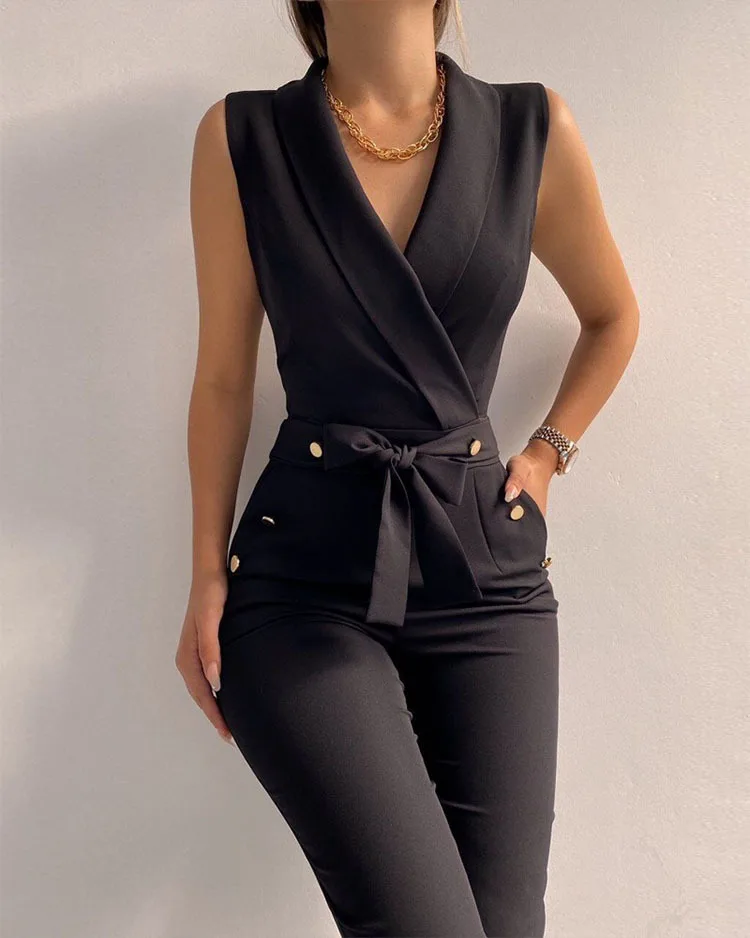 Sexy Schwarz Elegante Ladise Büro Bodycon Overall Mode V-ausschnitt Tasche Taste Spitze-Up Body Für Frauen Sommer Casual overalls